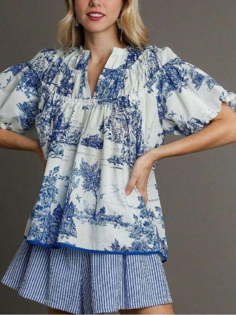 Umgee Blouse Toile Landscape Print Top Ruffle Shirt Blue White Medium cotton